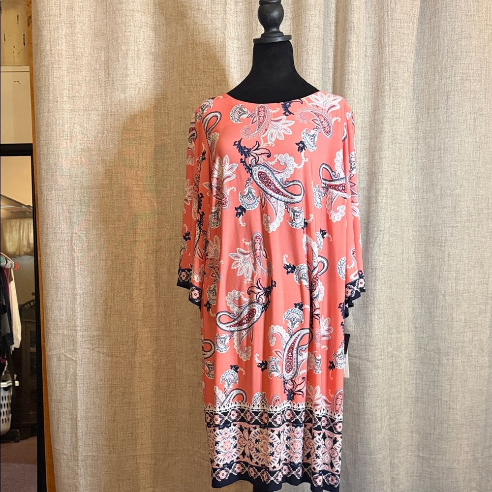 Elegant Paisley Midi Dress in Coral and Navy